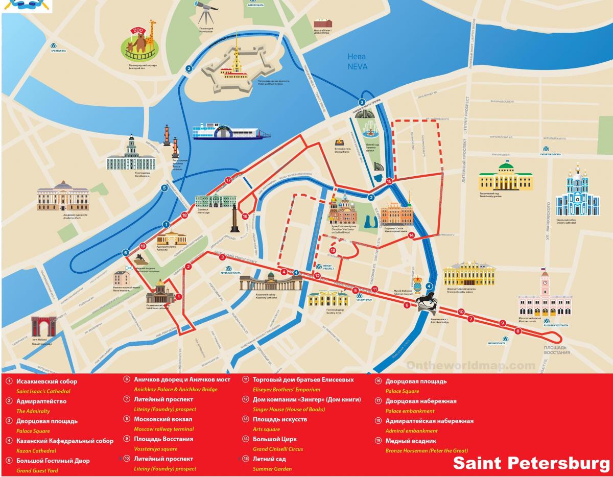 Mapa de passeios a pé por São Petersburgo
